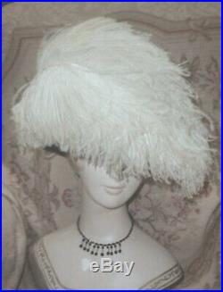 Downton Abbey Era Antique Edwardian Silk Cloche w Big White Ostrich Plumes +
