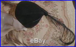 EARLY 1930s LILLY DACHE Funnel Hat w Spiking Aigrette Feather Black Felt 1932
