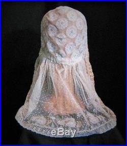 EARLY Lace Bonnet CAP Hat NET LACE Embroidery Antique Tambour DOLL Victorian