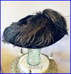 EDWARDIAN 1900s Gibson Girl WIDE BRIM withJET GLASS BUCKLE OSTRICH PLUME FEATHERS
