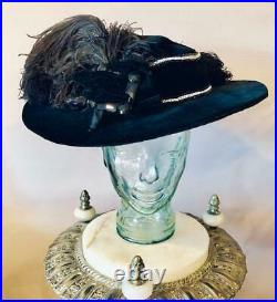 EDWARDIAN 1900s Gibson Girl WIDE BRIM withJET GLASS BUCKLE OSTRICH PLUME FEATHERS