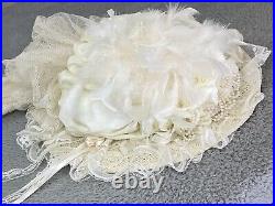 ELSIE MASSEY Vintage Victorian Touring Hat Derby Wedding Ivory Roses Pearls EXC