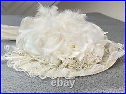 ELSIE MASSEY Vintage Victorian Touring Hat Derby Wedding Ivory Roses Pearls EXC