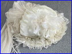 ELSIE MASSEY Vintage Victorian Touring Hat Derby Wedding Ivory Roses Pearls EXC