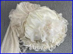 ELSIE MASSEY Vintage Victorian Touring Hat Derby Wedding Ivory Roses Pearls EXC