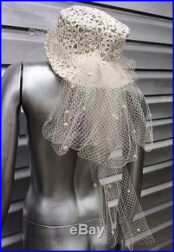 ERIC JAVITS Vintage Lace Ribbon Appliqué Wedding Veil Top Hat RARE