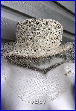 ERIC JAVITS Vintage Lace Ribbon Appliqué Wedding Veil Top Hat RARE