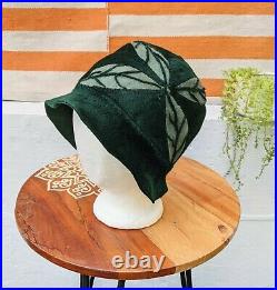 EUC VTG 1920s Wool Felt Cloche Hat GREEN Leaf Vintage Flapper 20s Antique 22