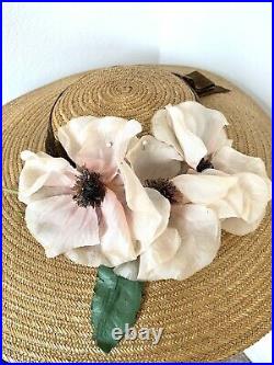 EXQUISITE VTG 1930's NATURAL STRAW WIDE BRIM CARTWHEEL TILT HAT w FLOWERS Sz22