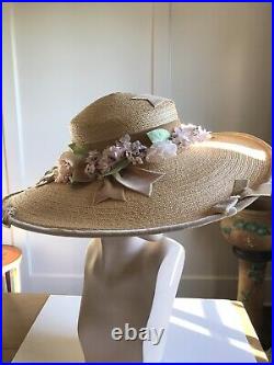 EXQUISITE VTG 1940s NATURAL STRAW WIDE BRIM CARTWHEEL TILT HAT w FLOWERS- 17
