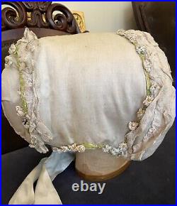 Early Antique 1840's Straw Bonnet Fabric Covered With Original Trimmings