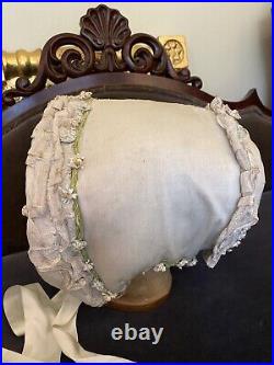 Early Antique 1840's Straw Bonnet Fabric Covered With Original Trimmings