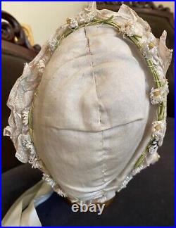 Early Antique 1840's Straw Bonnet Fabric Covered With Original Trimmings