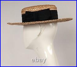 Early Edwardian Women's Straw Hat W Black Ribbon Trim