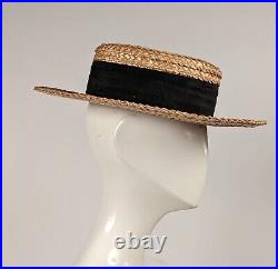 Early Edwardian Women's Straw Hat W Black Ribbon Trim