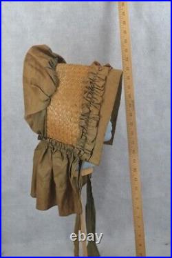 Early antique women's straw bonnet poke style green cotton 19th c 1830 original
