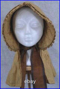 Early period women's hat bonnet winter gold silk quilted Civil War Era 1850