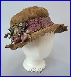 Edwardian 1910s Beige Velvet Ribbonwork Lame Flowers Hat Vintage Antique 10s