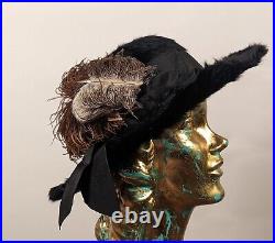 Edwardian Black Angora Hat W Ribbon Trims + Feather Plumes