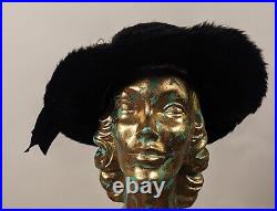 Edwardian Black Angora Hat W Ribbon Trims + Feather Plumes