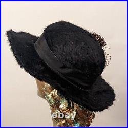 Edwardian Black Angora Hat W Ribbon Trims + Feather Plumes