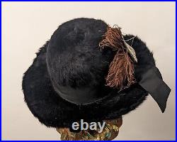 Edwardian Black Angora Hat W Ribbon Trims + Feather Plumes