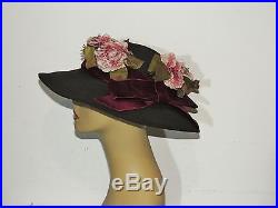 Edwardian Black Straw Hat w Burgundy Velvet Bow / Pink Flowers MED LG