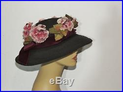 Edwardian Black Straw Hat w Burgundy Velvet Bow / Pink Flowers MED LG