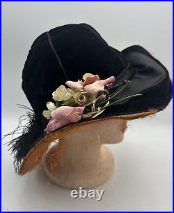 Edwardian Hat Black Velvet Women's Flowers Ostrich Feather Antique with Hat Pin