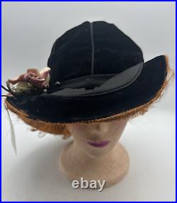 Edwardian Hat Black Velvet Women's Flowers Ostrich Feather Antique with Hat Pin