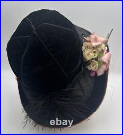 Edwardian Hat Black Velvet Women's Flowers Ostrich Feather Antique with Hat Pin