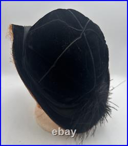 Edwardian Hat Black Velvet Women's Flowers Ostrich Feather Antique with Hat Pin