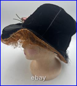 Edwardian Hat Black Velvet Women's Flowers Ostrich Feather Antique with Hat Pin