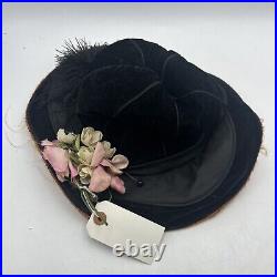 Edwardian Hat Black Velvet Women's Flowers Ostrich Feather Antique with Hat Pin