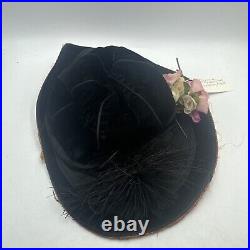 Edwardian Hat Black Velvet Women's Flowers Ostrich Feather Antique with Hat Pin