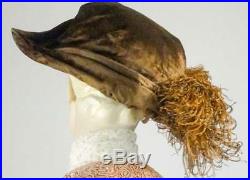 Edwardian Hat Brown Velvet Bicorn Ostrich Feather Superbe Sz 7 #1498