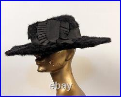 Edwardian Plush Black Angora Wide Brim Hat W Bow Trimmed Crown