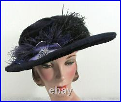 Edwardian Portrait Hat Purple Beaver Fur Ostrich Feathers & Trim ca 1910