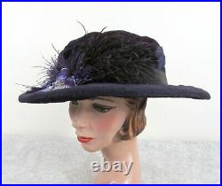 Edwardian Portrait Hat Purple Beaver Fur Ostrich Feathers & Trim ca 1910