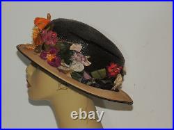 Edwardian Straw Hat w Beautiful Flowers MED
