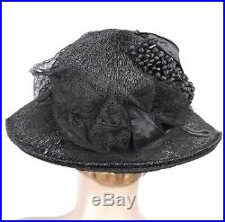 Edwardian Teen Unusual Straw Woven Hat W Lace & Berry Cluster Trims Mint Cond