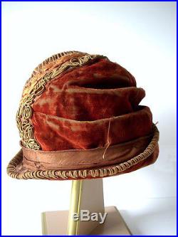 Edwardian Victorian Velvet Embroidered Cloche Hat Art Deco Antique Downton Abbey