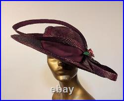 Edwardian Wide Brim Purple Plum Straw Hat W Huge Bow + Beaded Floral Trim