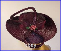 Edwardian Wide Brim Purple Plum Straw Hat W Huge Bow + Beaded Floral Trim