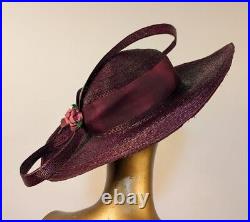 Edwardian Wide Brim Purple Plum Straw Hat W Huge Bow + Beaded Floral Trim