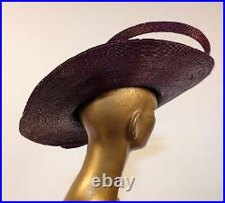 Edwardian Wide Brim Purple Plum Straw Hat W Huge Bow + Beaded Floral Trim