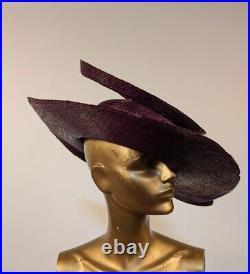 Edwardian Wide Brim Purple Plum Straw Hat W Huge Bow + Beaded Floral Trim