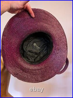 Edwardian Wide Brim Purple Plum Straw Hat W Huge Bow + Beaded Floral Trim