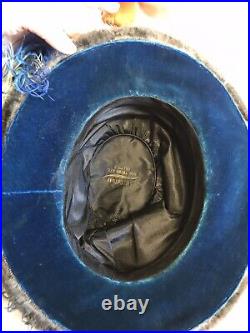 Edwardian Wide Brimmed Black Beaver Hat Blue Velvet & Brown Fur Trim 14 X 13