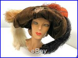 Edwardian velvet hat with ostrich feather plumes & beaded crest